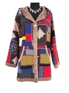 COAT ~ Colorful Patchwork Hooded Coat w/Soft Brown Sherpa Lining and Pockets